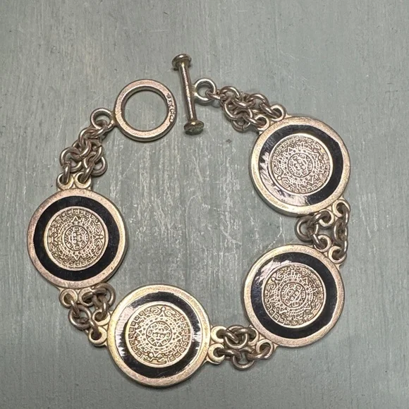 925 Sterling Silver Black Enamel Mayan Calendar Bracelet - Picture 1 of 2